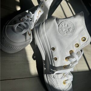 Converse White High-Tops Platform Lift with Gold Details